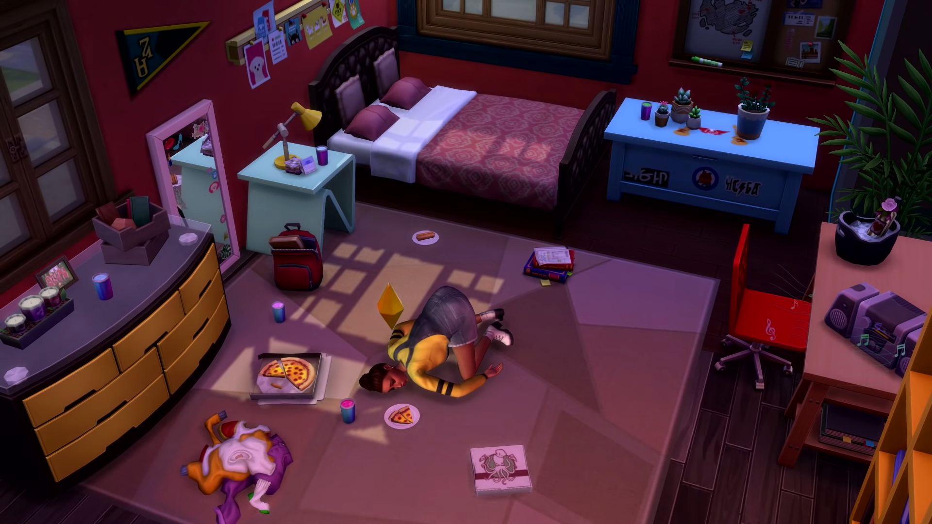 A Sim dozes on the floor of her dorm room after a night of partying