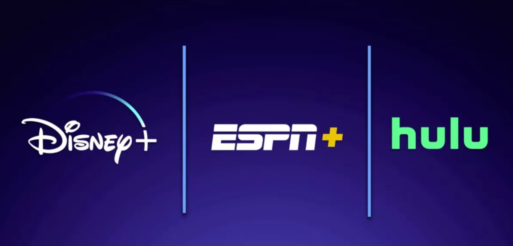 A side-by-side graphic of the Disney Plus, ESPN Plus, and Hulu logos