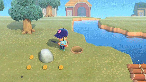 A gif of an Animal Crossing character hitting a rock and having bells pop out