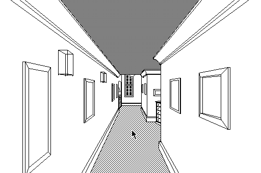 An animated black and white GIF of a player moving through the hallway of P.T. in the demake HyperP.T.