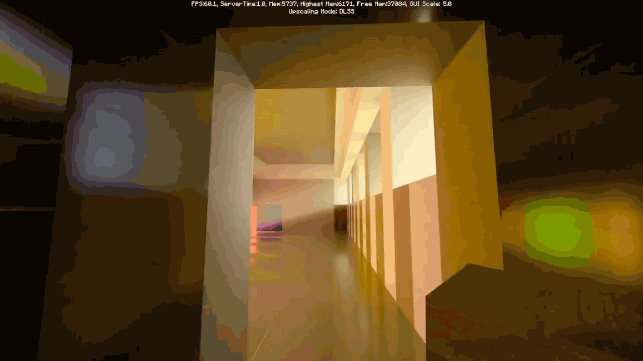 a clip of walking into a room with colored panels in Minecraft running with ray tracing enabled