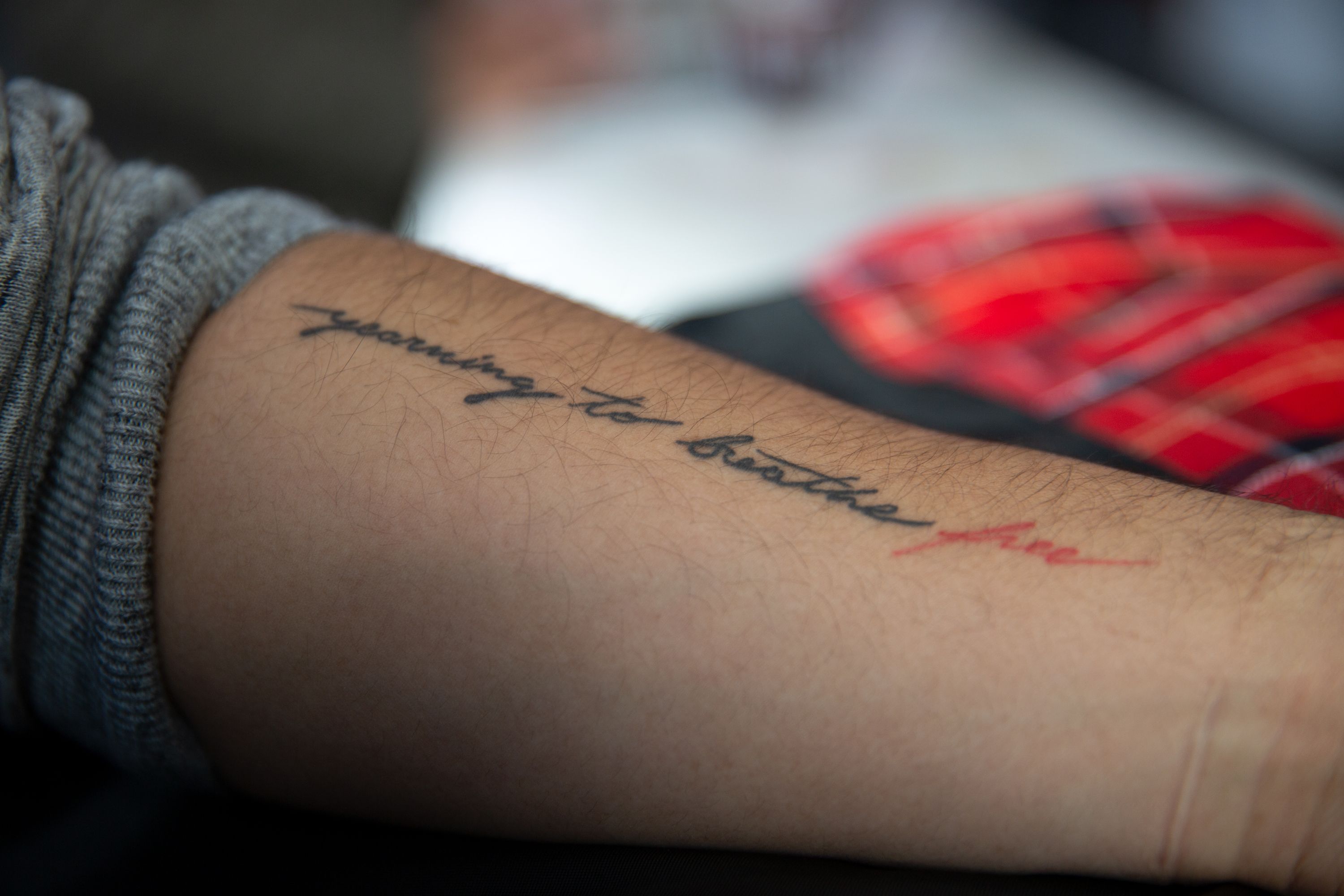 DACA recipient Raul Contreras has words tattooed on him from the famed Emma Lazarus poem on the Statue of Liberty, March 5, 2020.