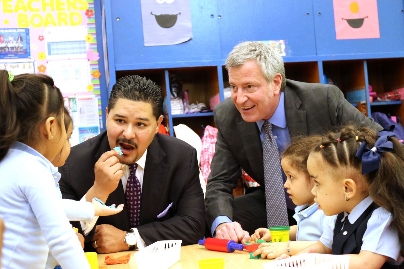 Mayor de Blasio and Schools Chancellor Richard Carranza mingle with Pre-K students at PS 25 in The Bronx in April 2018.
