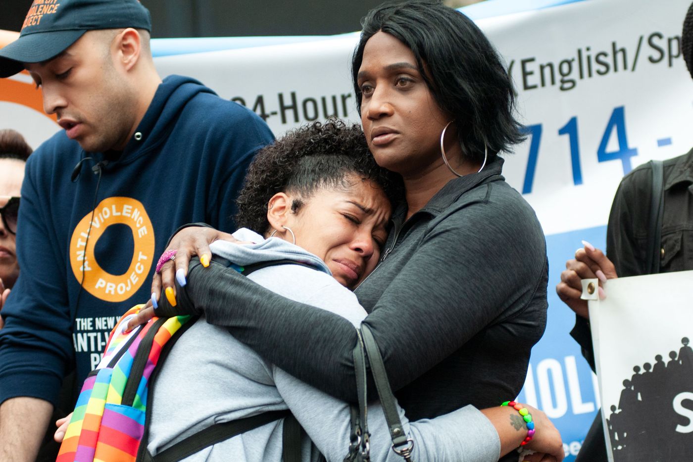 Layleen Polanco’s sister Melania Brown, left, hugs Tabytha Gonzalez at a rally in Foley Square on Monday, June 10.
