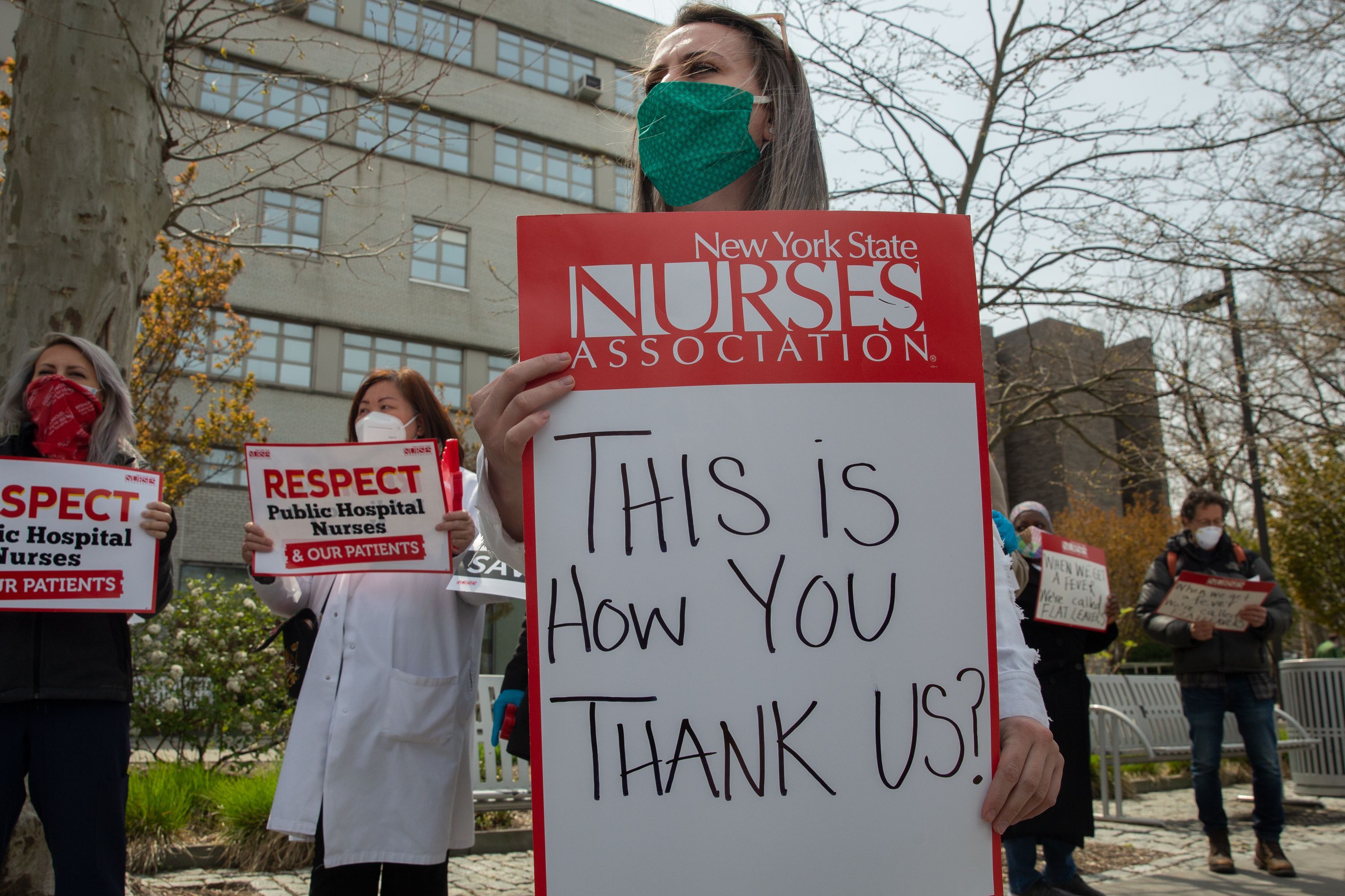 Nurses protest a lack of protective measures during the coronavirus outbreak outside the Jacobi Medical Center in The Bronx.