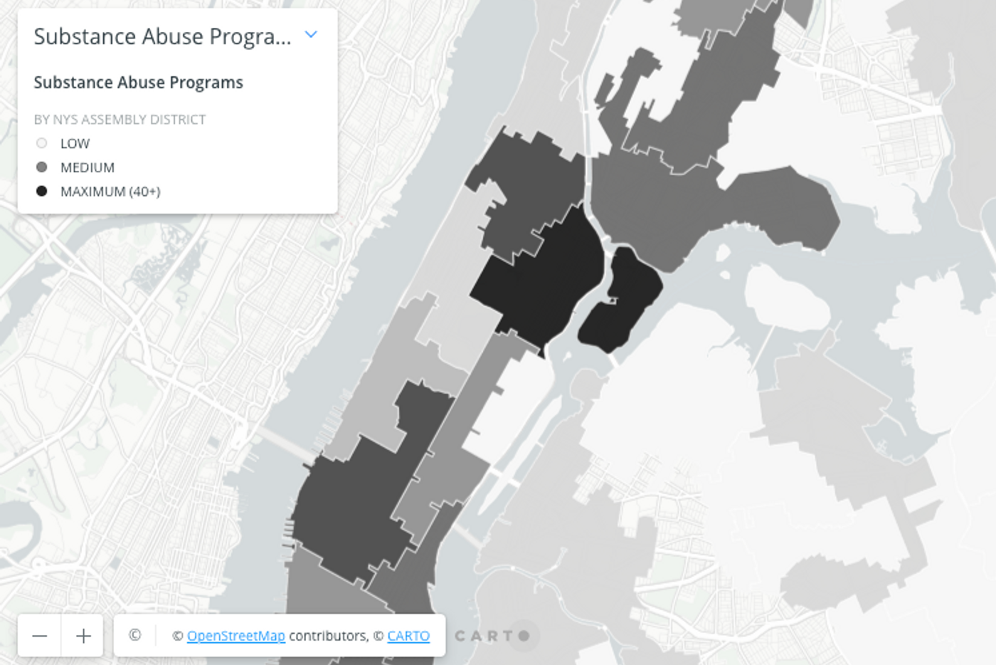 Screenshot of map put out by the Greater Harlem Coalition showing density of substance abuse programs in Manhattan.