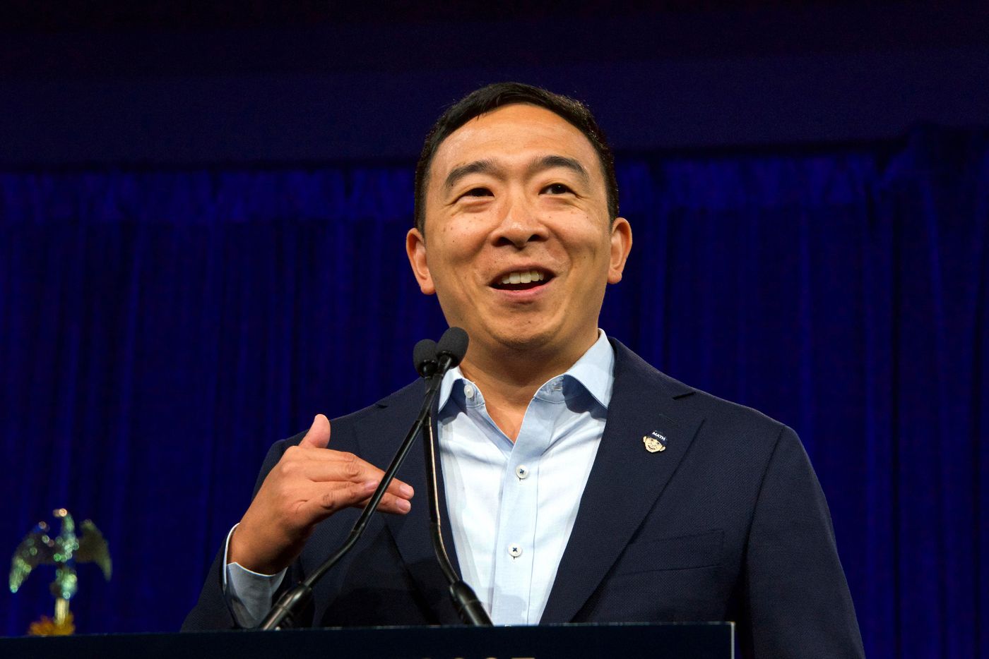 Andrew Yang campaigns in 2019 for president.