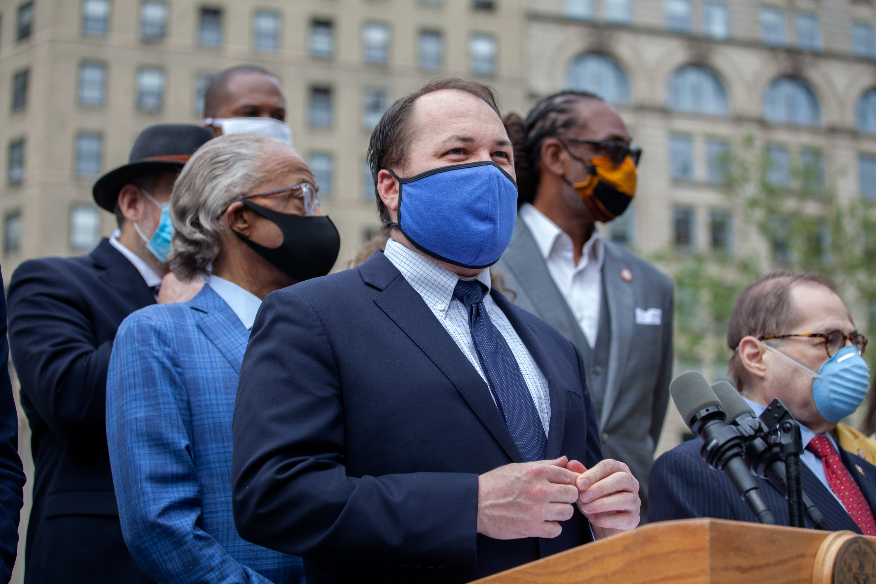 City Council Speaker Corey Johnson (D-Manhattan) speaks at a press conference in Foley Square about passing legislation for more police accountability, June 2, 2020.