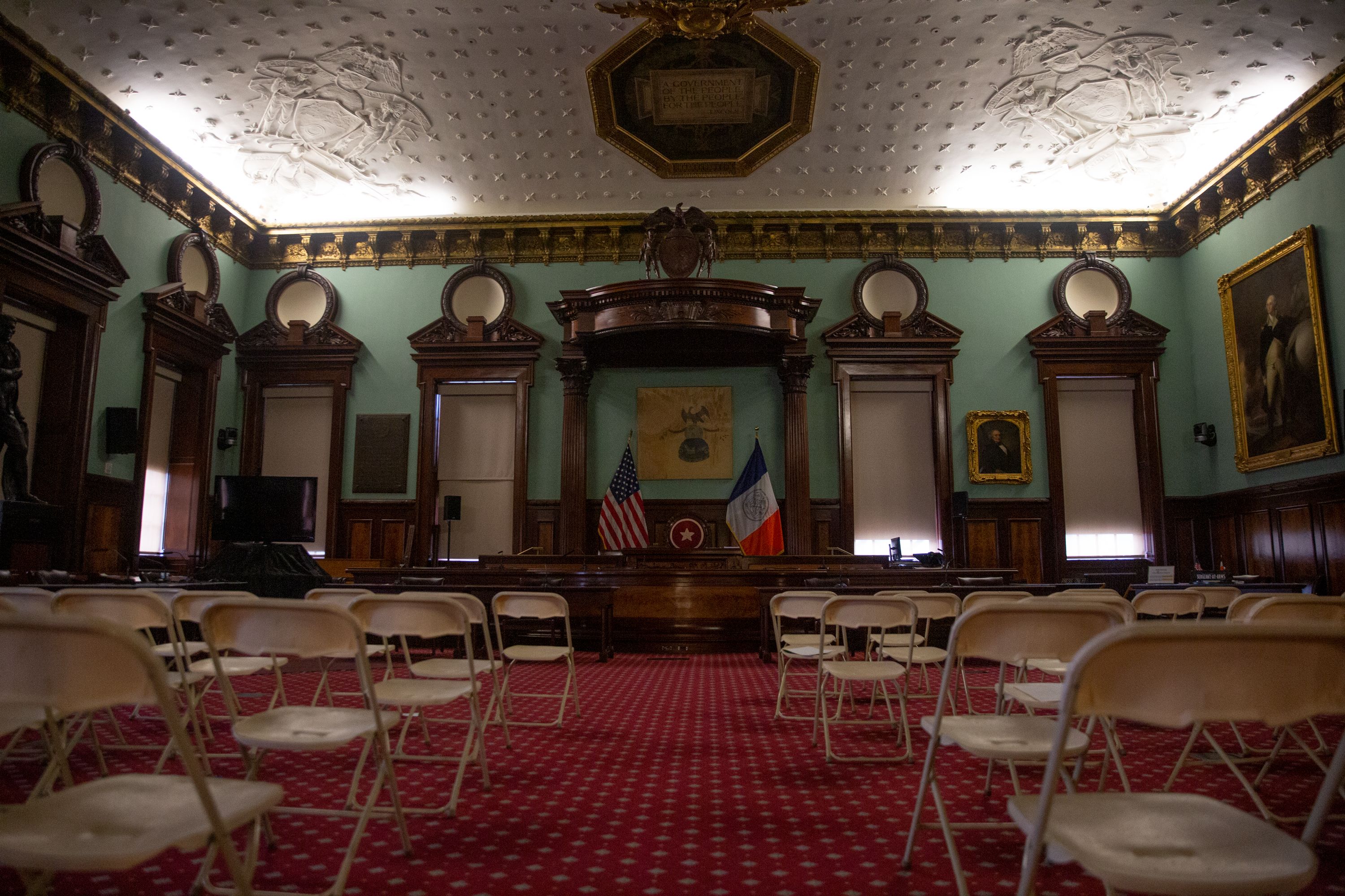 The City Council chambers were empty while large gathering places were closed to prevent the spread of the coronavirus.