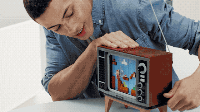 An animated GIF showing the scrolling TV screen from the Lego NES set