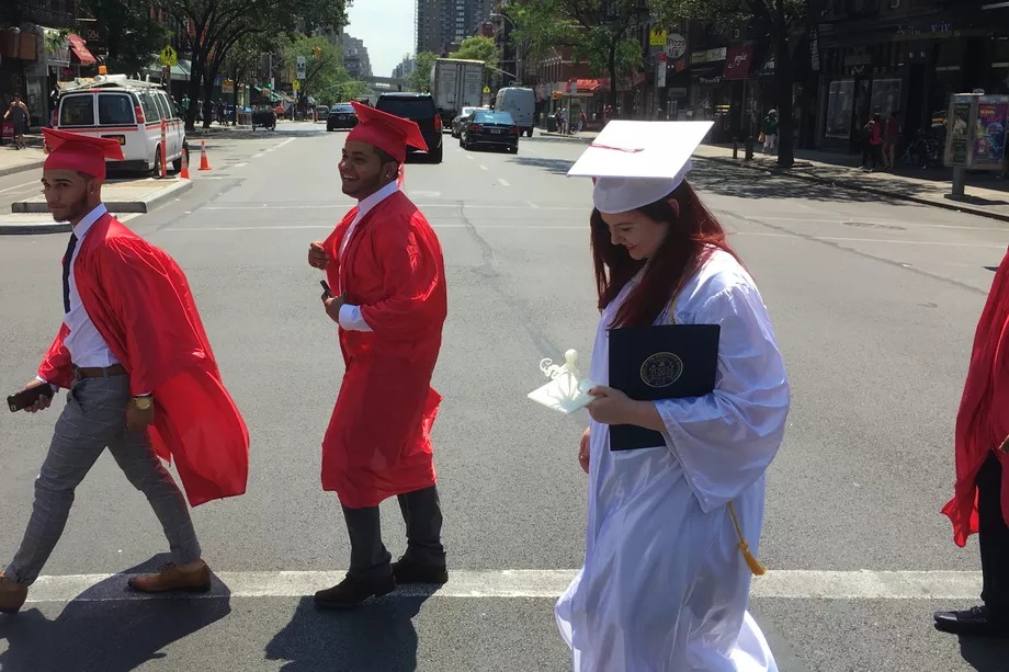 Students walk to a graduation ceremony at The Urban Assembly Gateway School for Technology, an Affinity school, in 2016.