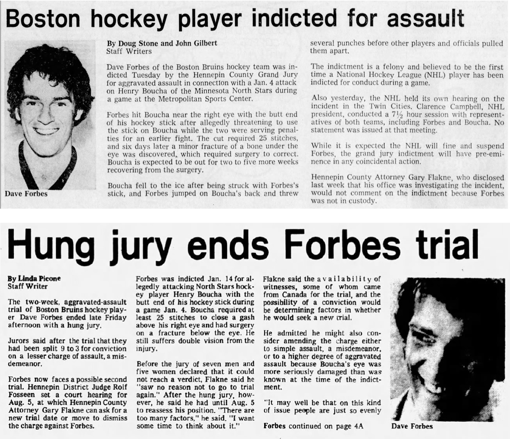 Two newspaper clippings from 1975 tell the story of the failed attempt to convict Dave Forbes for assault during an NHL game at the Met in Bloomington.