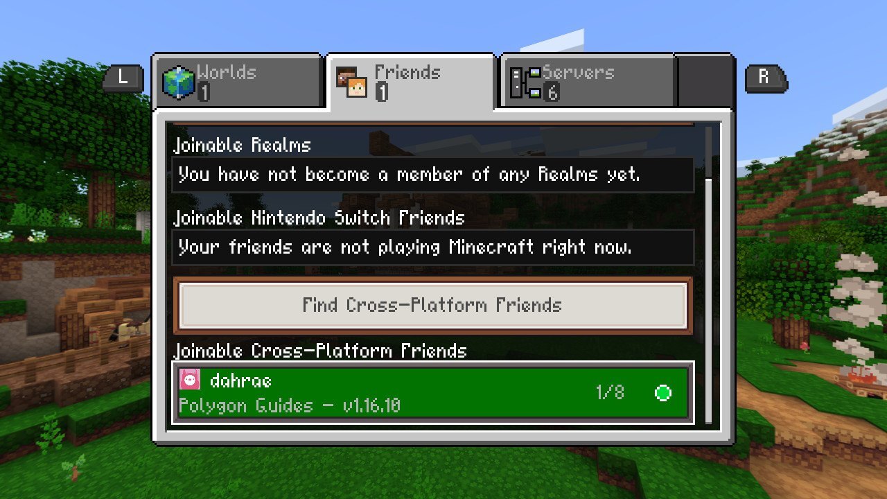 A menu screen prompting a player to join a friend’s cross-platform realm