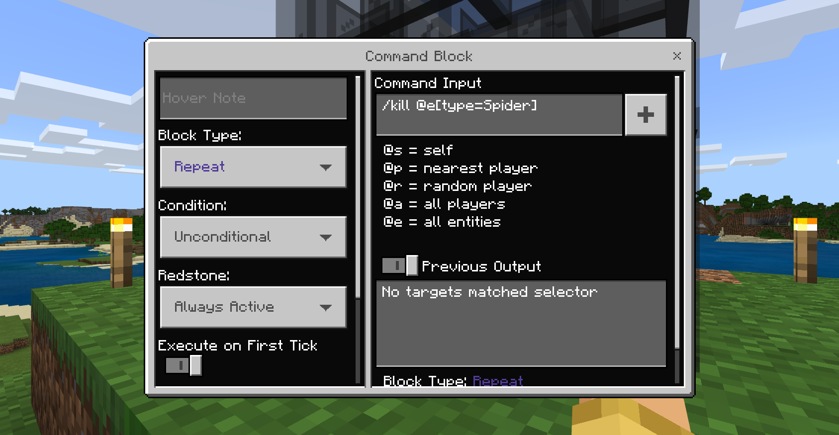 A Command Block prompt set to kill spiders
