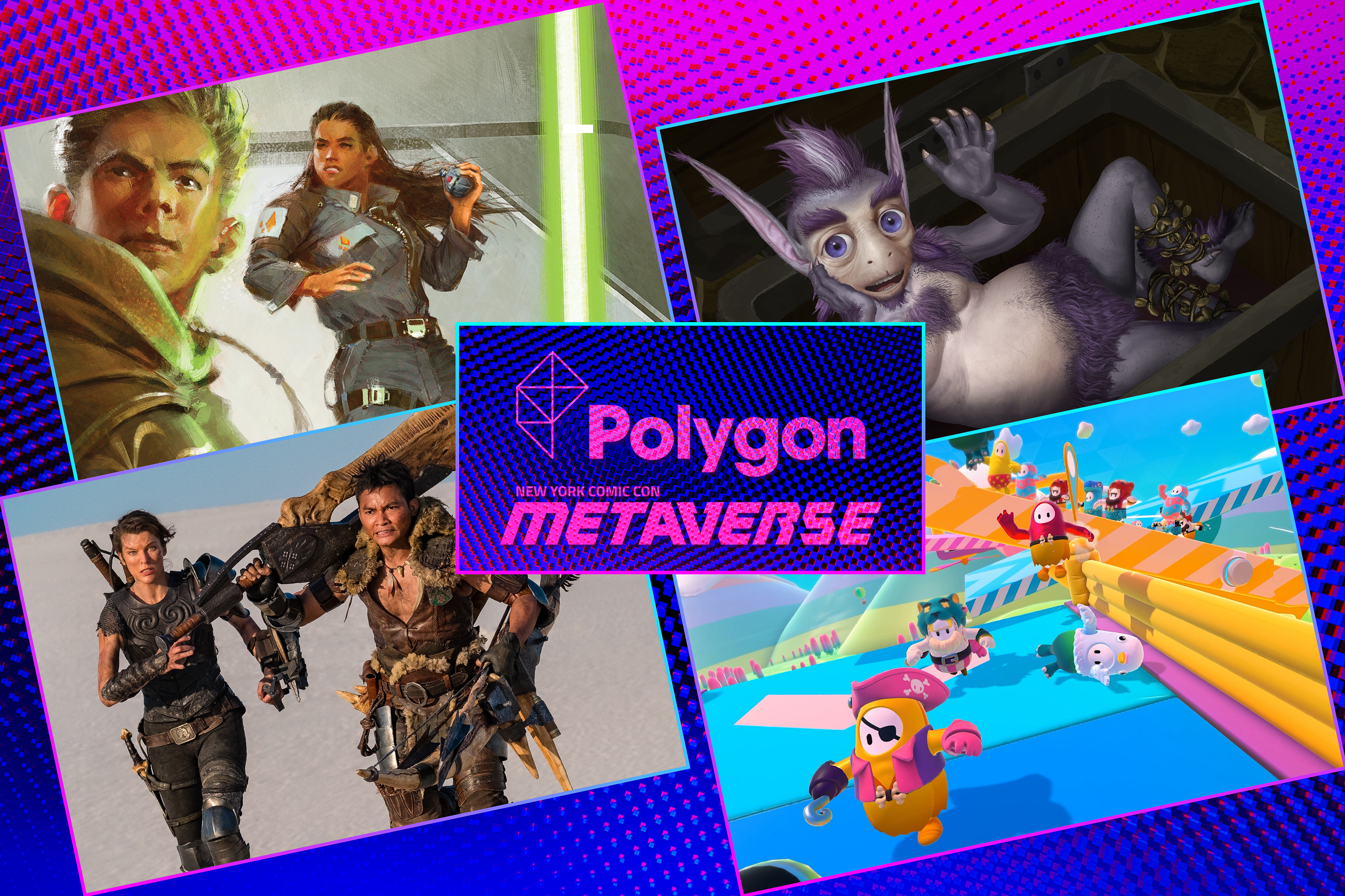 Graphic grid of four rectangles on bright purple blue background with various screen images and a Polygon/Metaverse logo