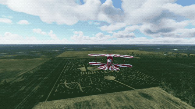 An animated GIF of a plane flying over the Exploration Acres corn maze in Microsoft Flight Simulator