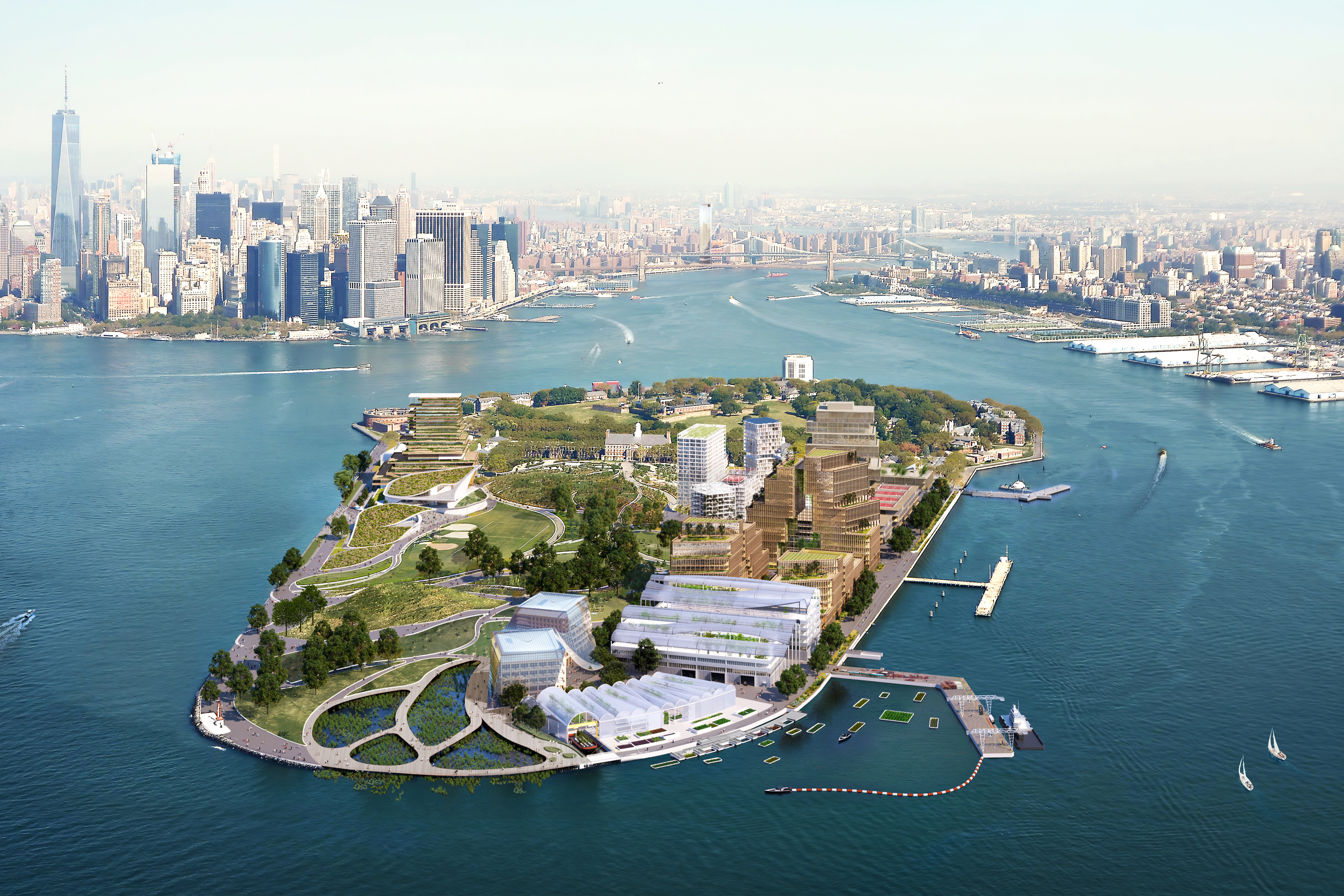 A rendering shows how Governors Island could look after rezoning for a new climate hub proposal.