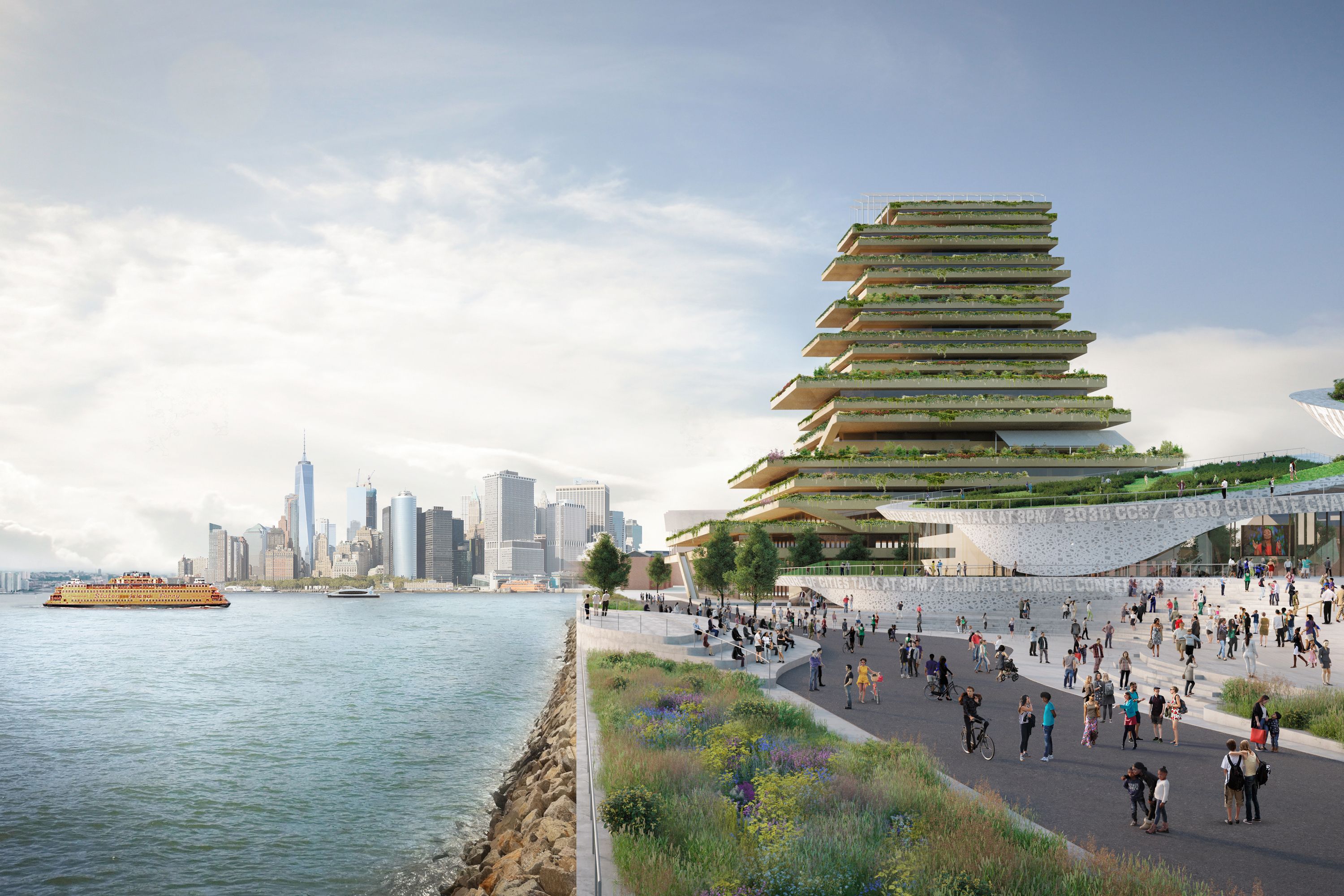 This rendering shows the Trust for Governors Island’s vision for a potential climate change research hub that could be as high as 30 stories. 