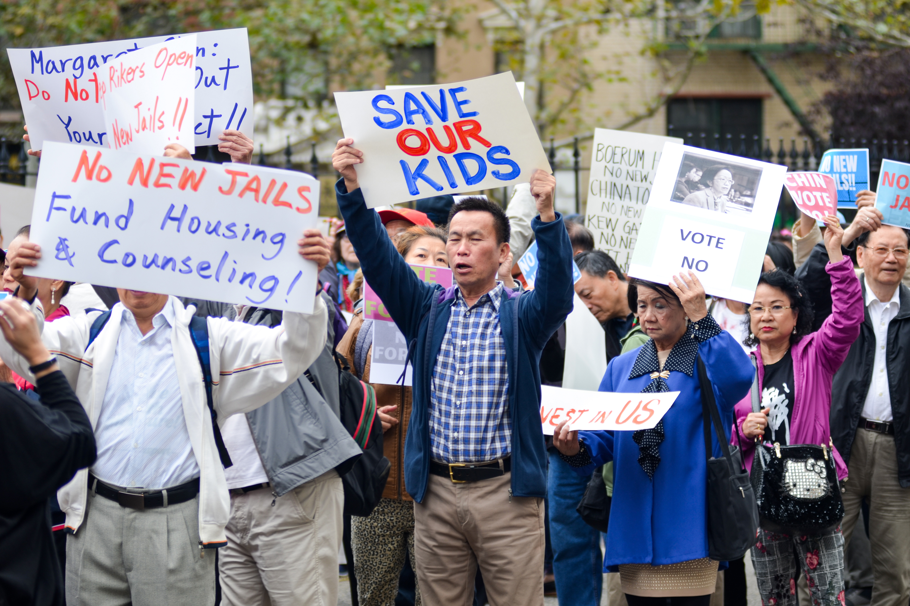 Hundreds of Chinatown residents protest Mayor Bill de Blasio’s plan to close Rikers Island, Oct. 6, 2019.