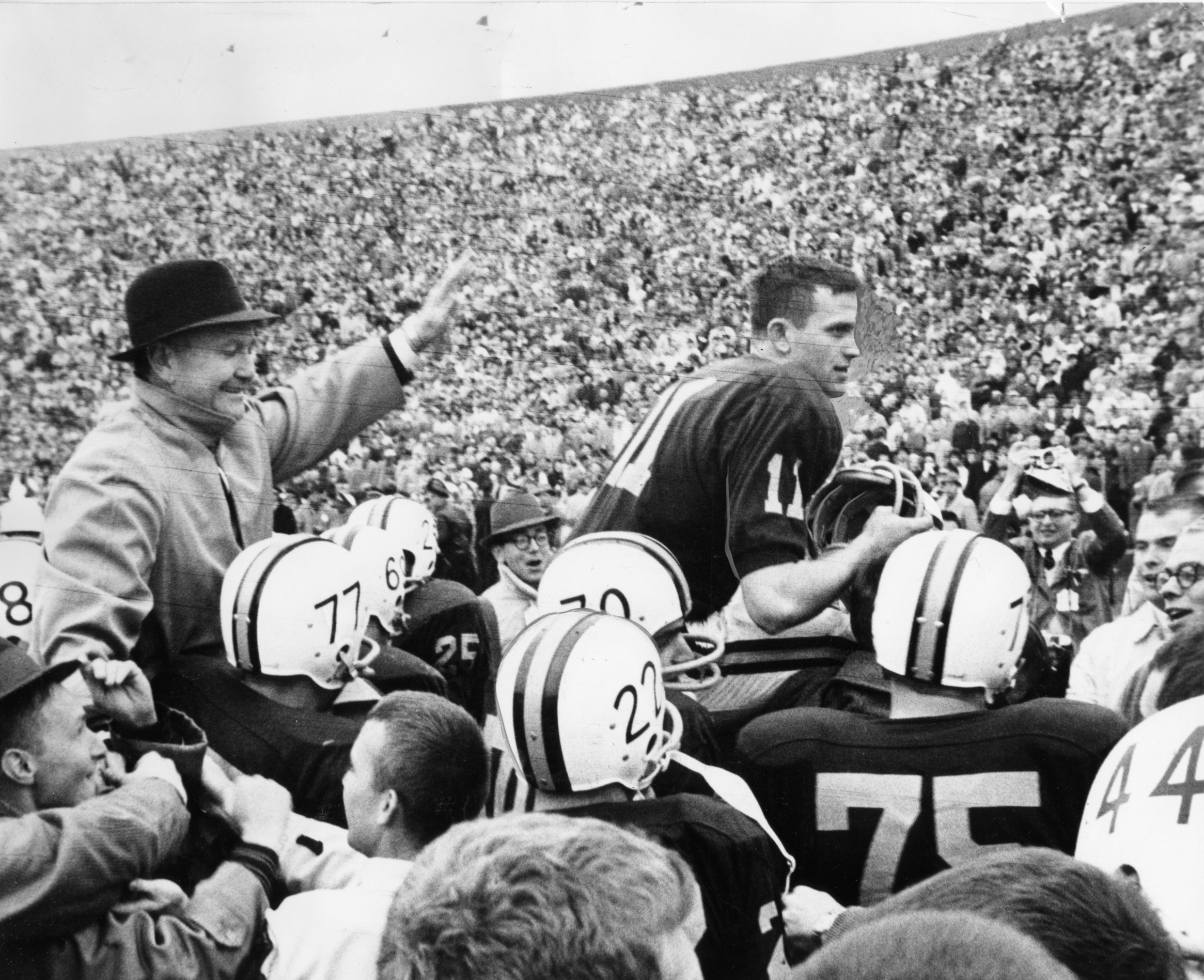 Gophers football players celebrated their decisive 27-10 victory over No. 1 Iowa on Nov. 5, 1960. The Gophers earned the national championship and a berth in the Rose Bowl.