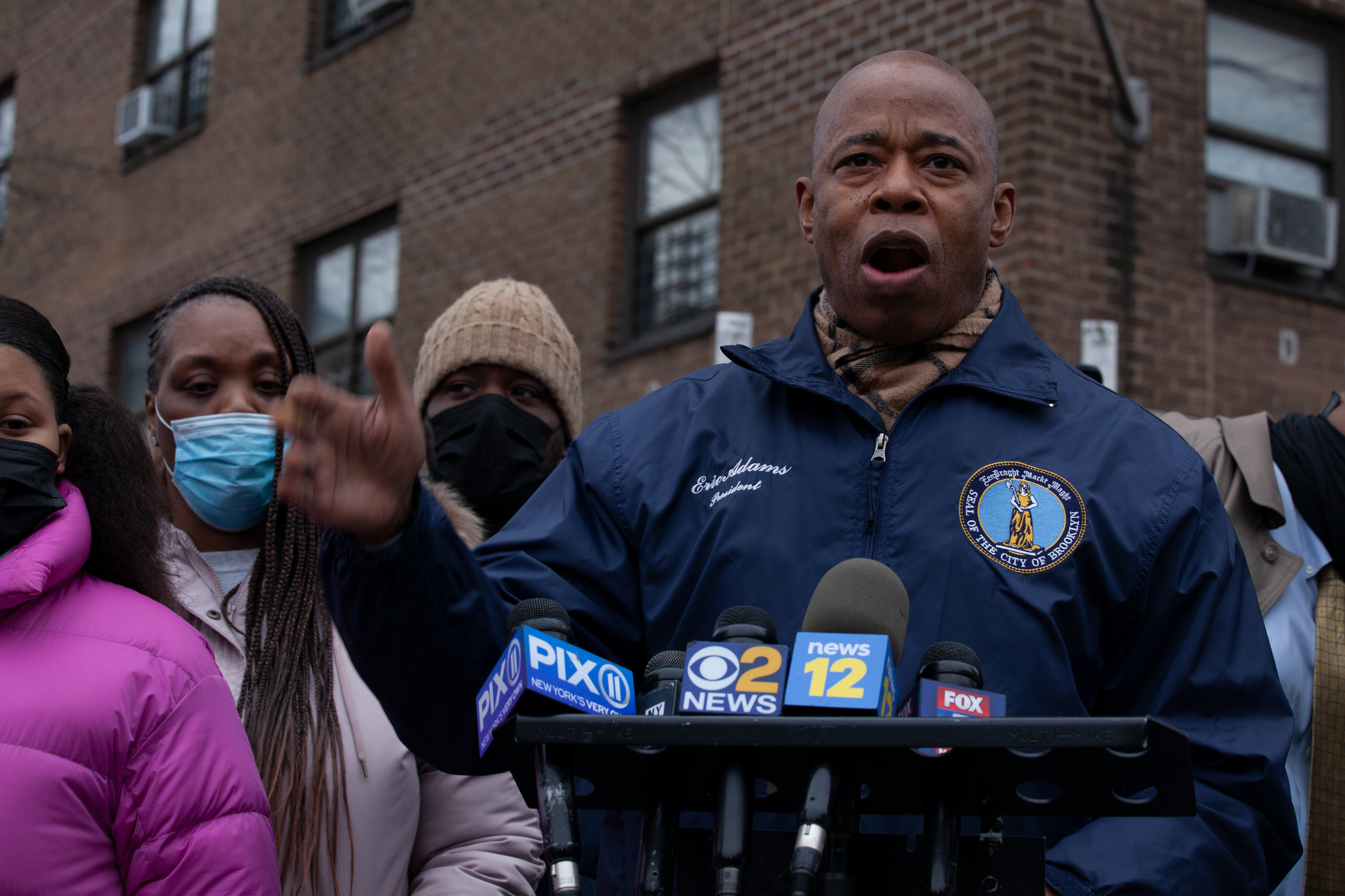 Brooklyn Borough President Eric Adams speaks at a rally for a NYCHA resident who fell down a flight of stairs at the Webster Houses, Jan. 5, 2021.