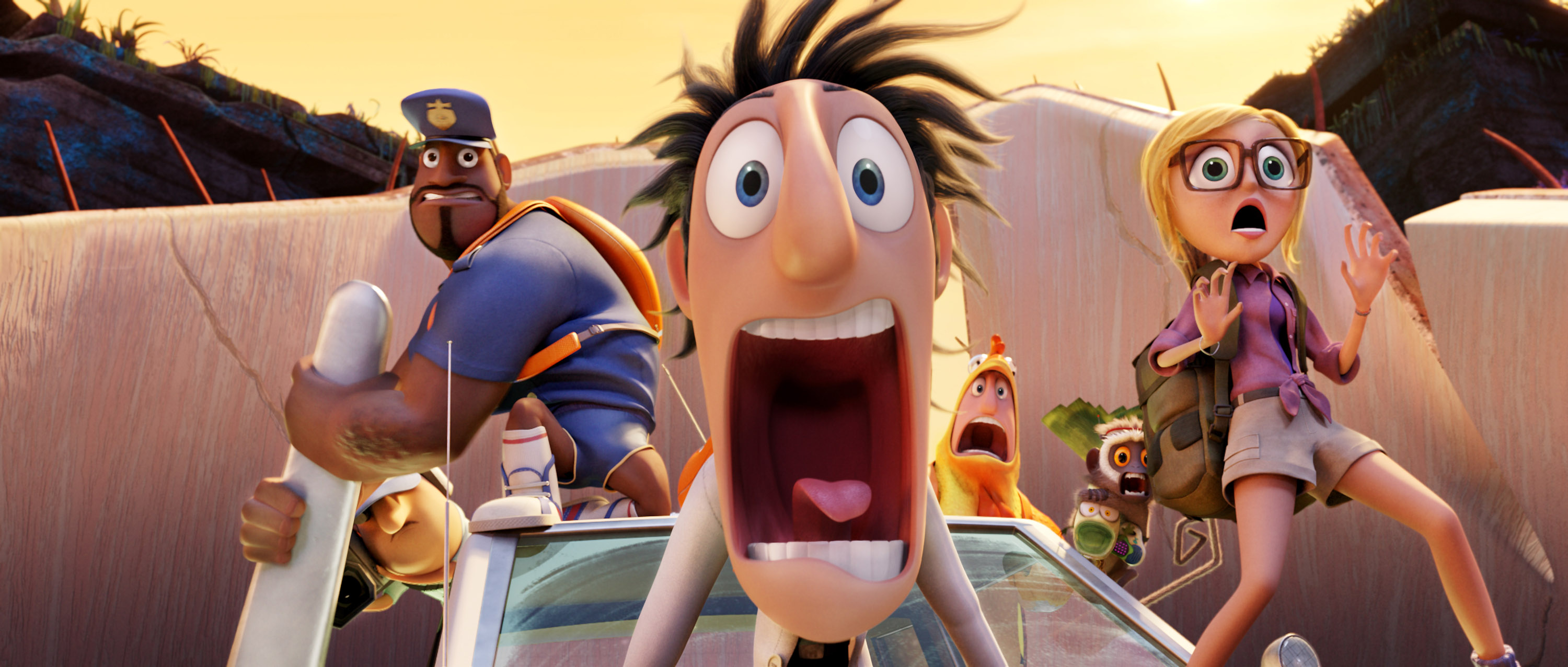 Earl, voiced by Terry Crews, Flint, voiced by Bill Hader, and Sam, voiced by Anna Faris in a scene from 'Cloudy with a Chance of Meatballs.'