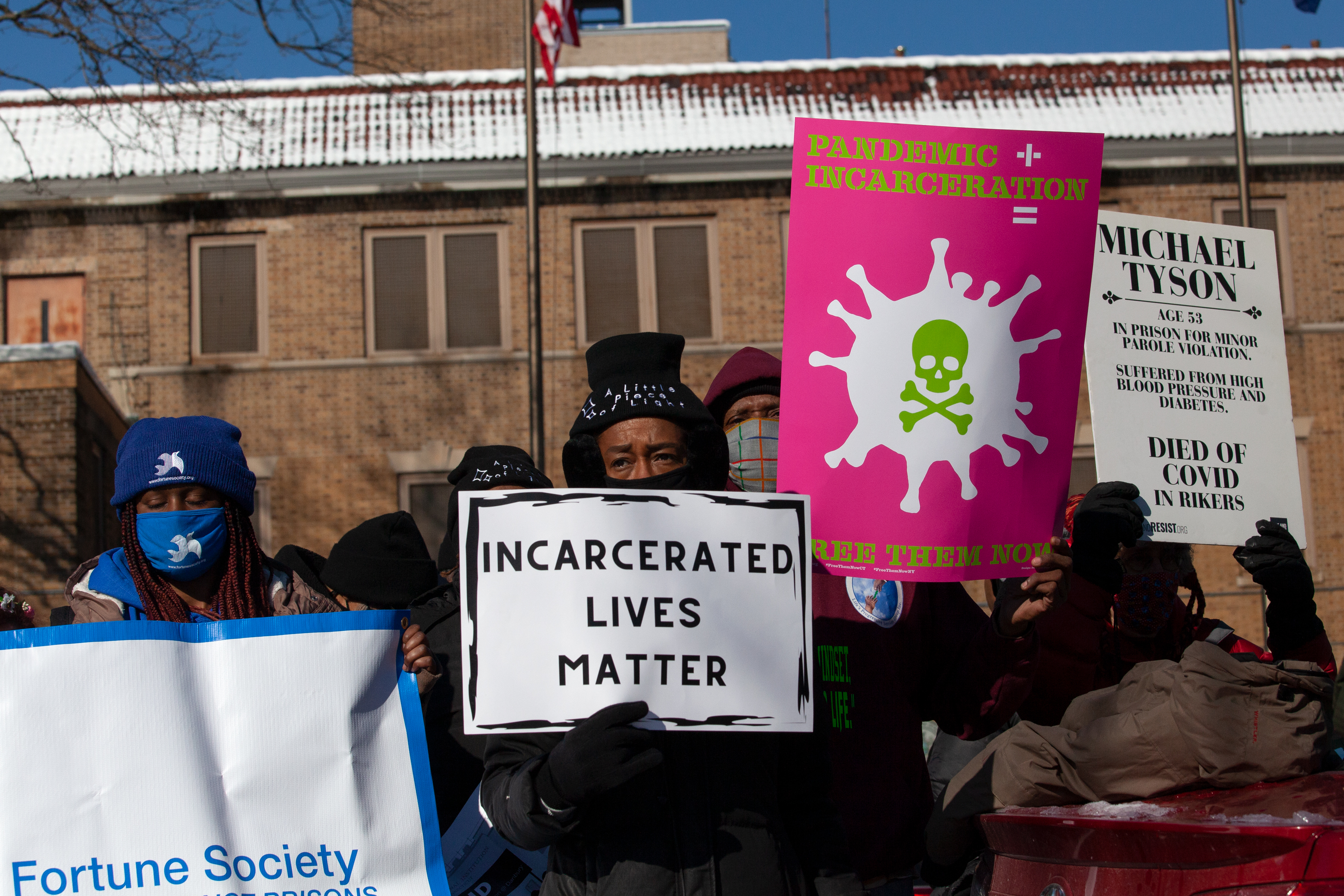 Criminal justice reform advocates protest outside Washington Height’s Edgecombe Correctional Facility, calling out unsafe conditions in jails during the coronavirus outbreak, Feb. 8, 2021.