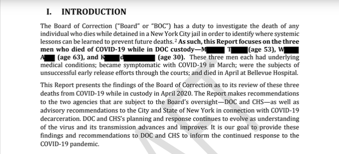 From the Board of Correction’s report on three early COVID-19 deaths of city inmates.