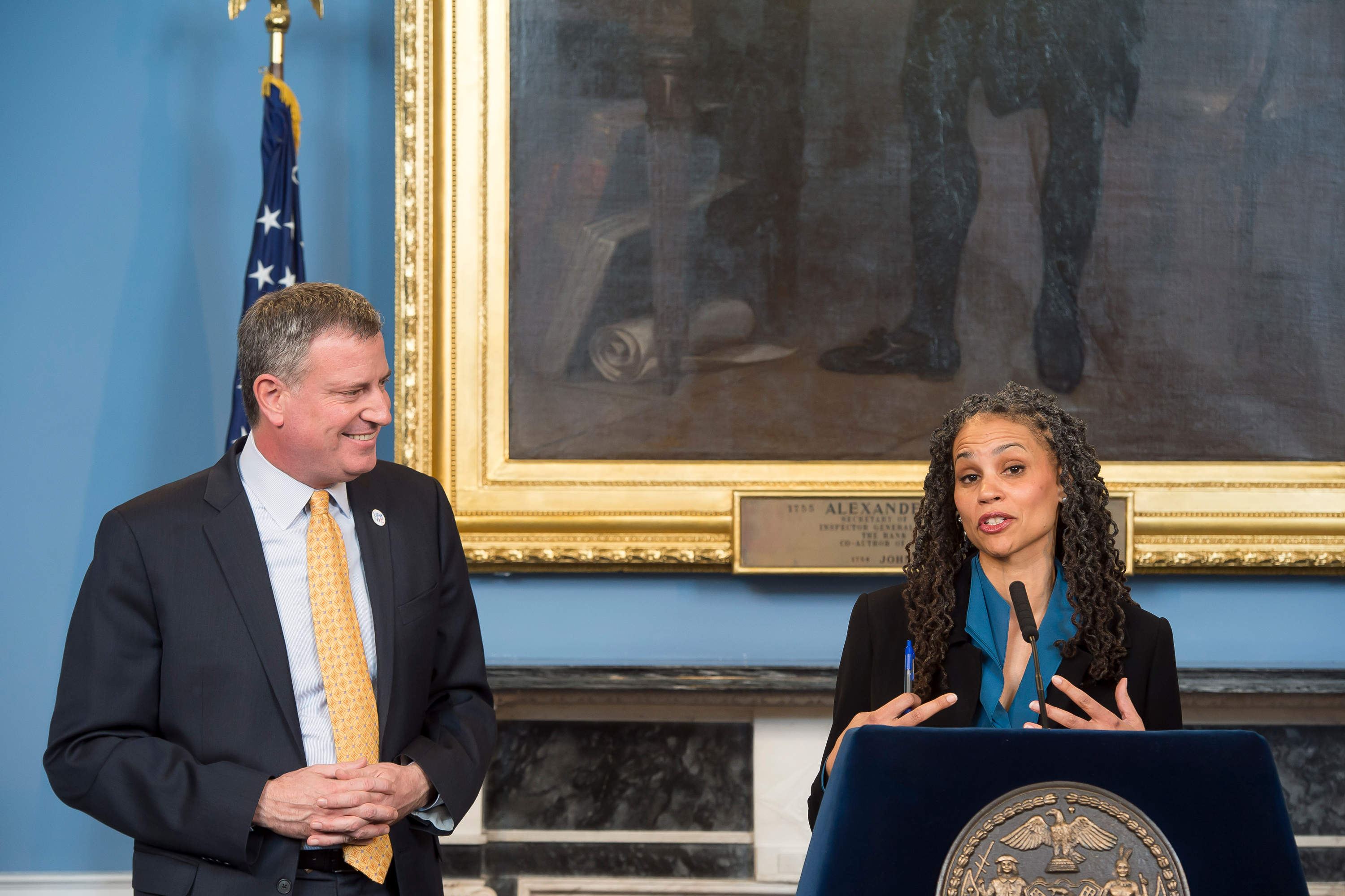 Mayor Bill de Blasio announces Maya Wiley’s appointment as counselor to the mayor in City Hall’s Blue Room, on February 18, 2014.