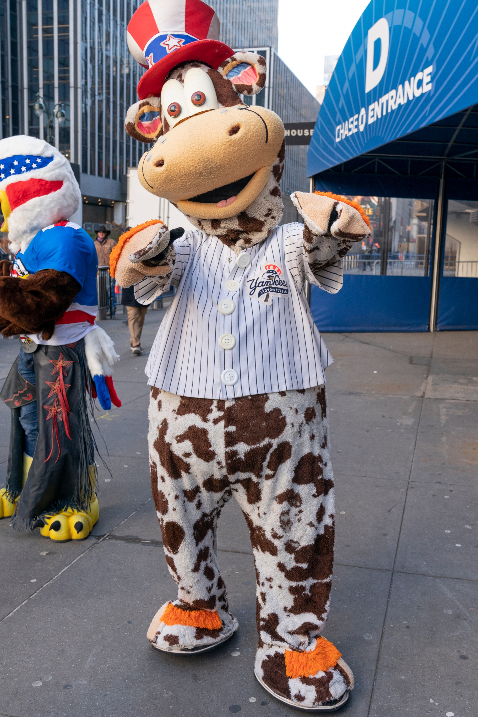 S.I. Yankees mascot Scooter the Holy Cow at the Tribeca Film festival on Greenwich Street in Manhattan, on April 28, 2012.