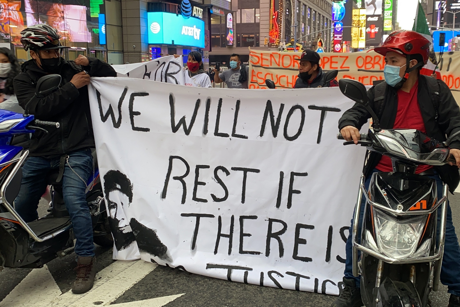Los Deliveristas Unidos protest in Times Square on April 21.