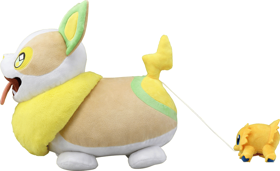 A GIF of a pull-string Joltik and Yamper plush toy