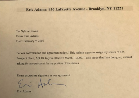 Eric Adams’ campaign provided THE CITY with a photocopy of a one-page letter he says he wrote to Sylvia Cowan in 2007 giving her his interest in their Brooklyn co-op.