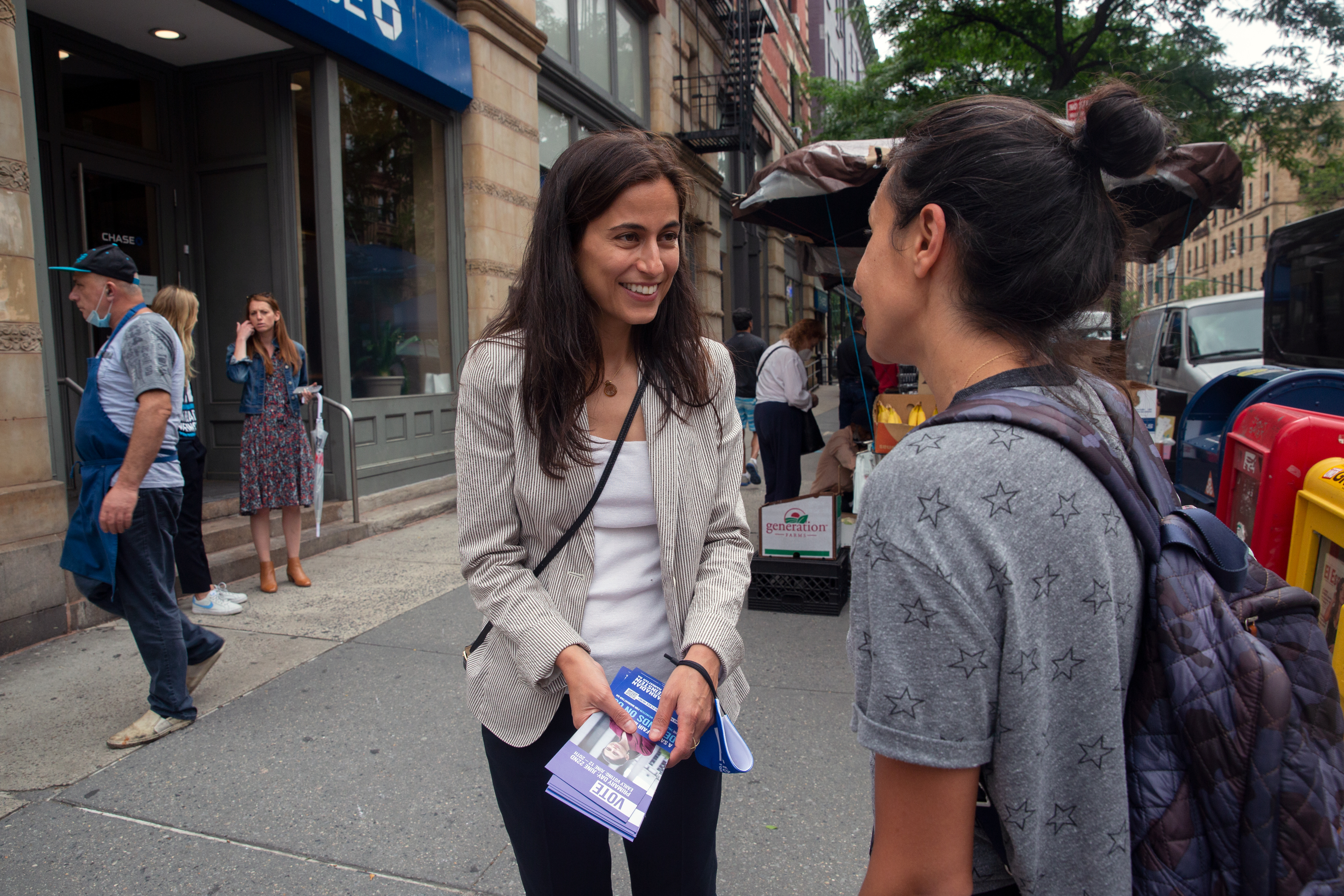 Tali Farhadian Weinstein campaigns on the Upper West Side on primary day, June 22, 2021.