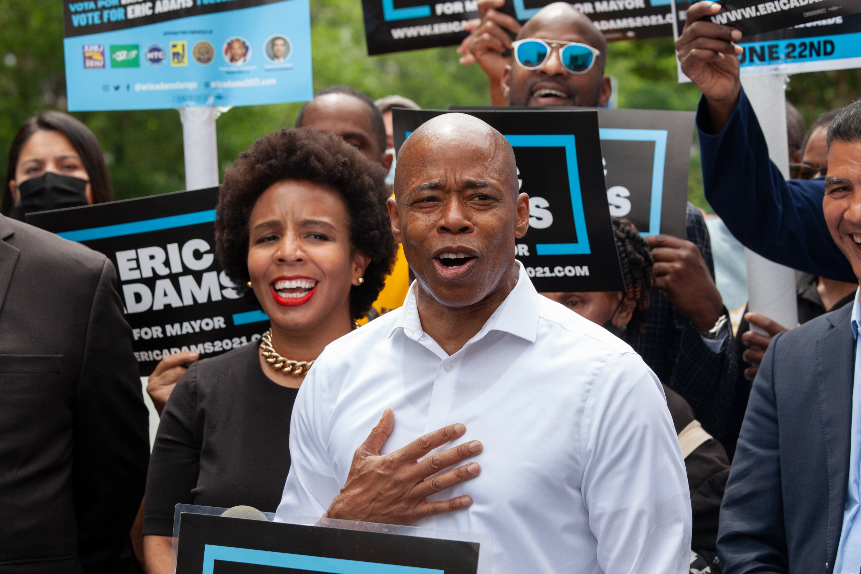 Mayoral candidate Eric Adams holds a rally outside Brooklyn Borough Hall, June 2, 2021.