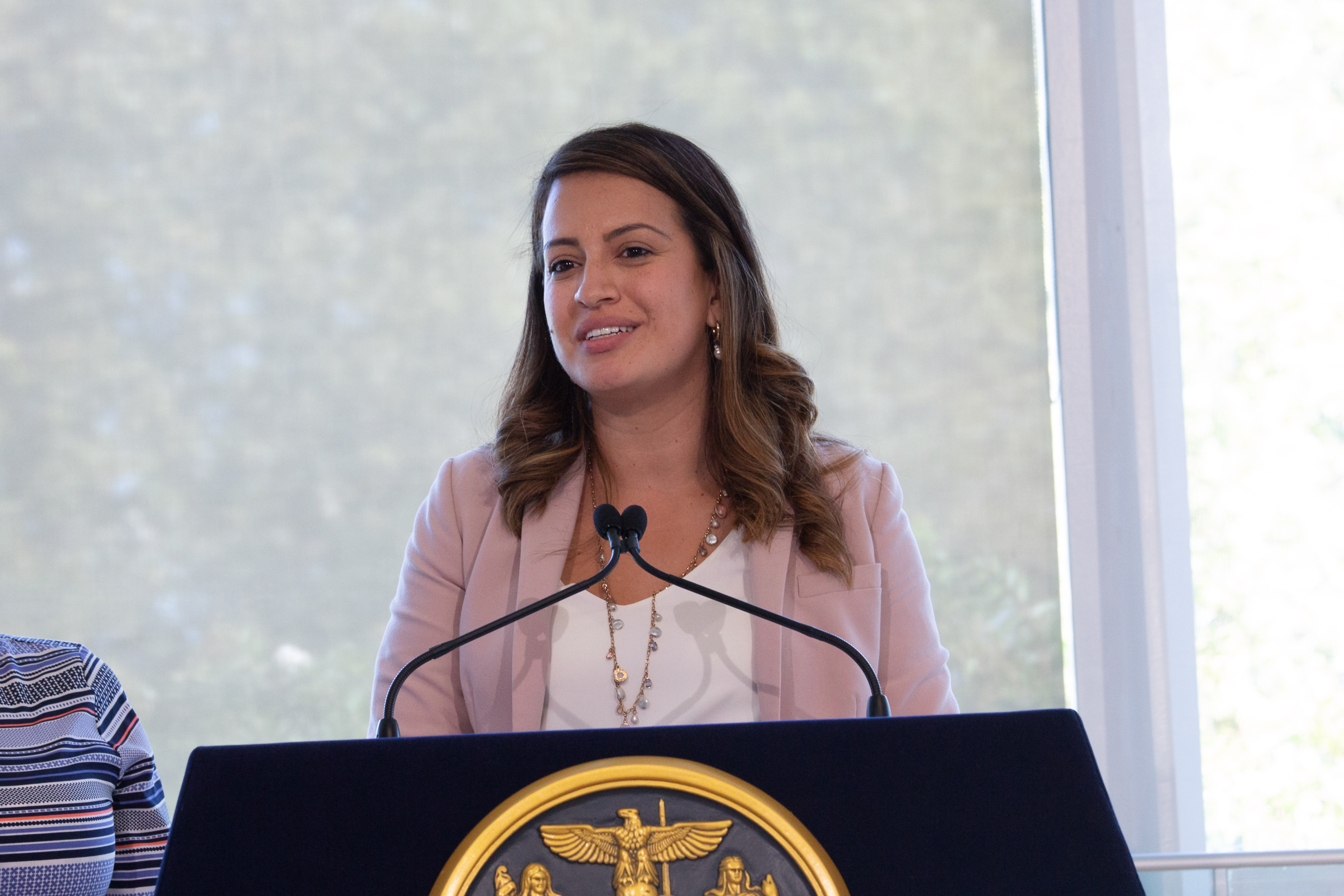 Assemblymember Catalina Cruz (D-Queens) spoke at the Queens Museum about providing Hurricane Ida relief to undocumented New Yorkers, Sept. 27, 2021.