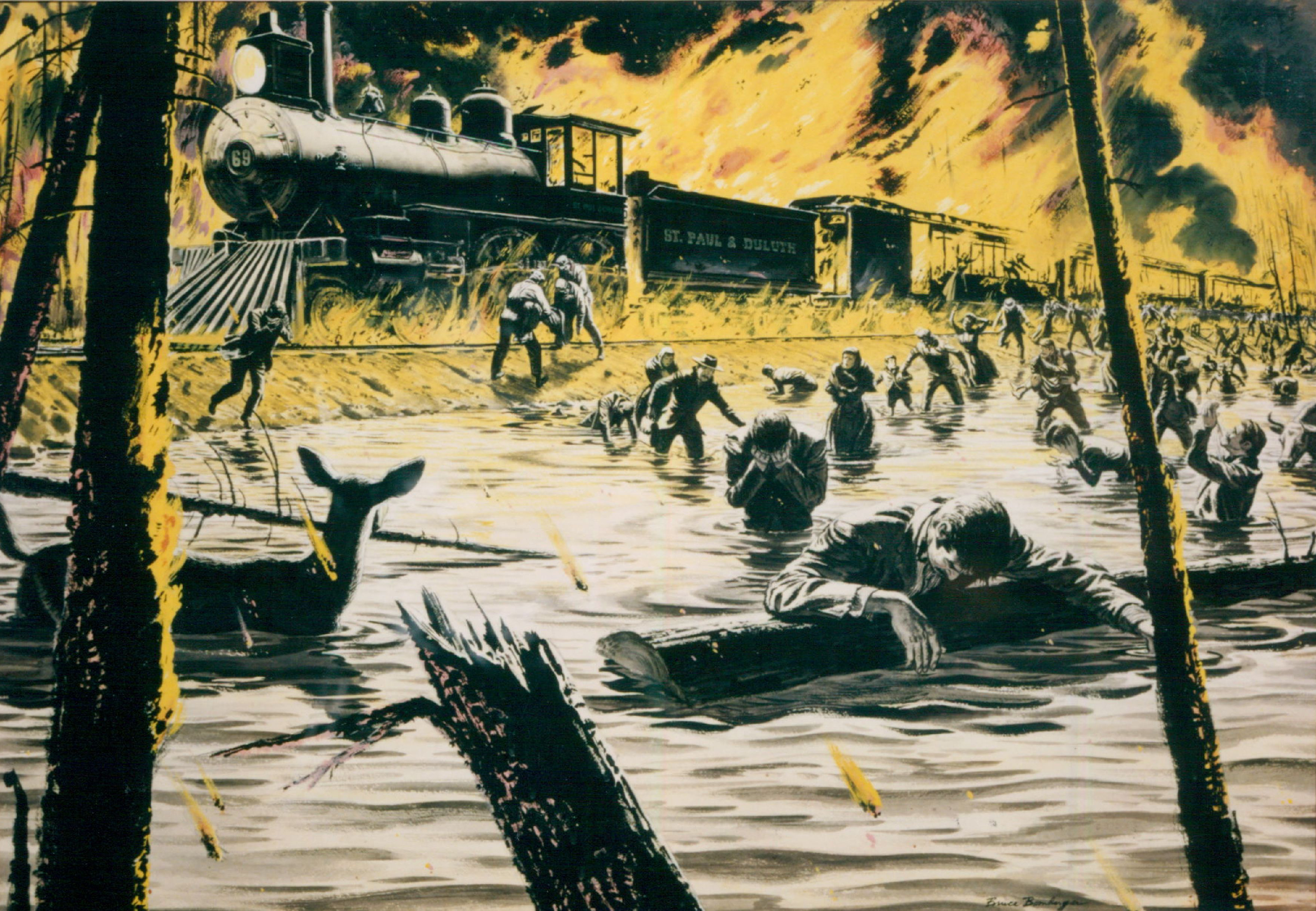 This illustration of the 1918 fires, painted in 1950 for 'True Magazine,' depicts people escaping from a burning train.