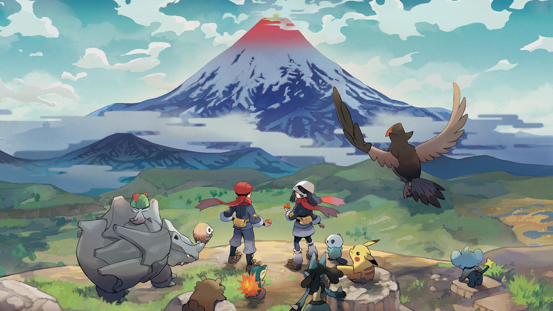 Artwork of trainers and Pokemon overlooking the Hisui region from Pokémon Legends: Arceus