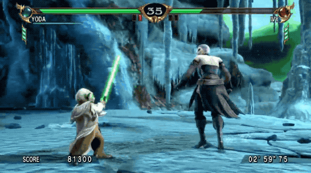 Ivy and Yoda battle in a GIF from Soulcalibur 4