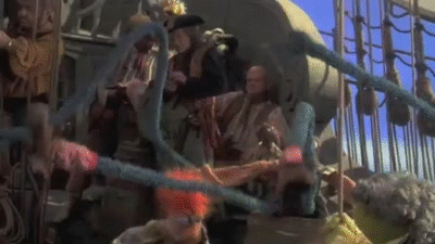 Gonzo’s flailing, stretched limbs in Muppet Treasure Island.