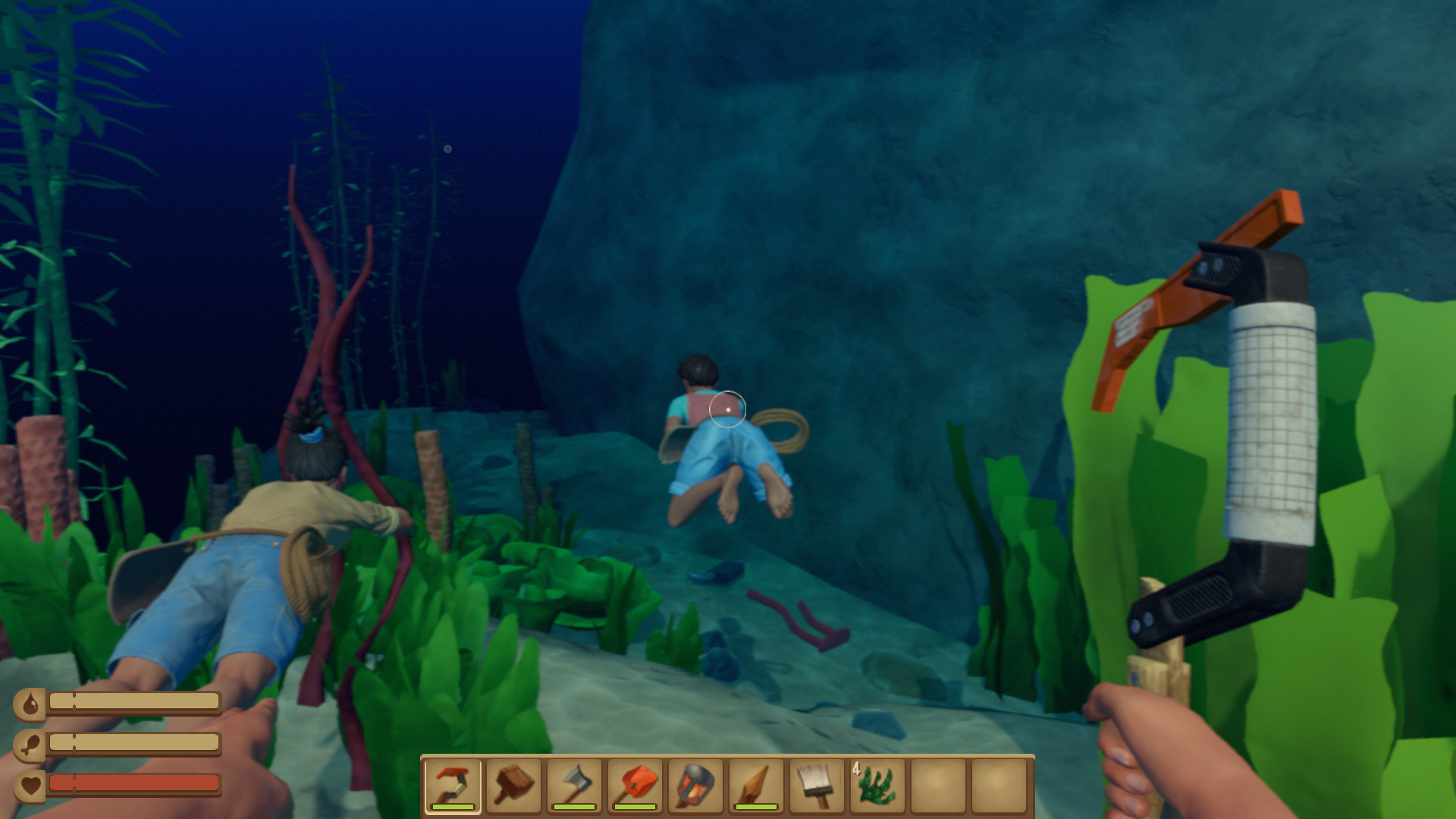 Three Raft characters explore an underwater reef