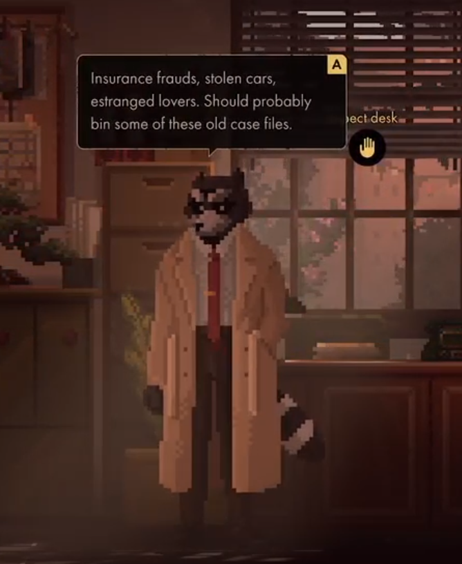 Screenshot of the game Backbone, centered on a racoon in a trenchcoat