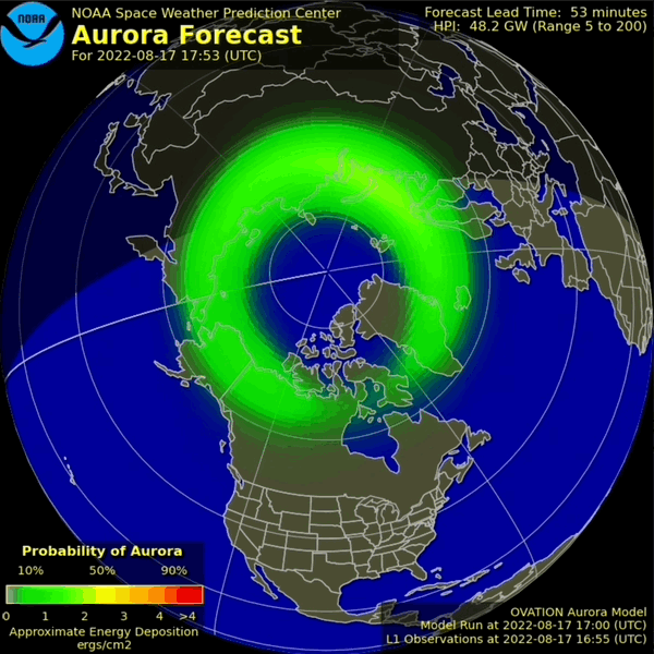 Animated aurora forecast map for August 17, 2022, shows a ring of activity over the north pole of a globe.
