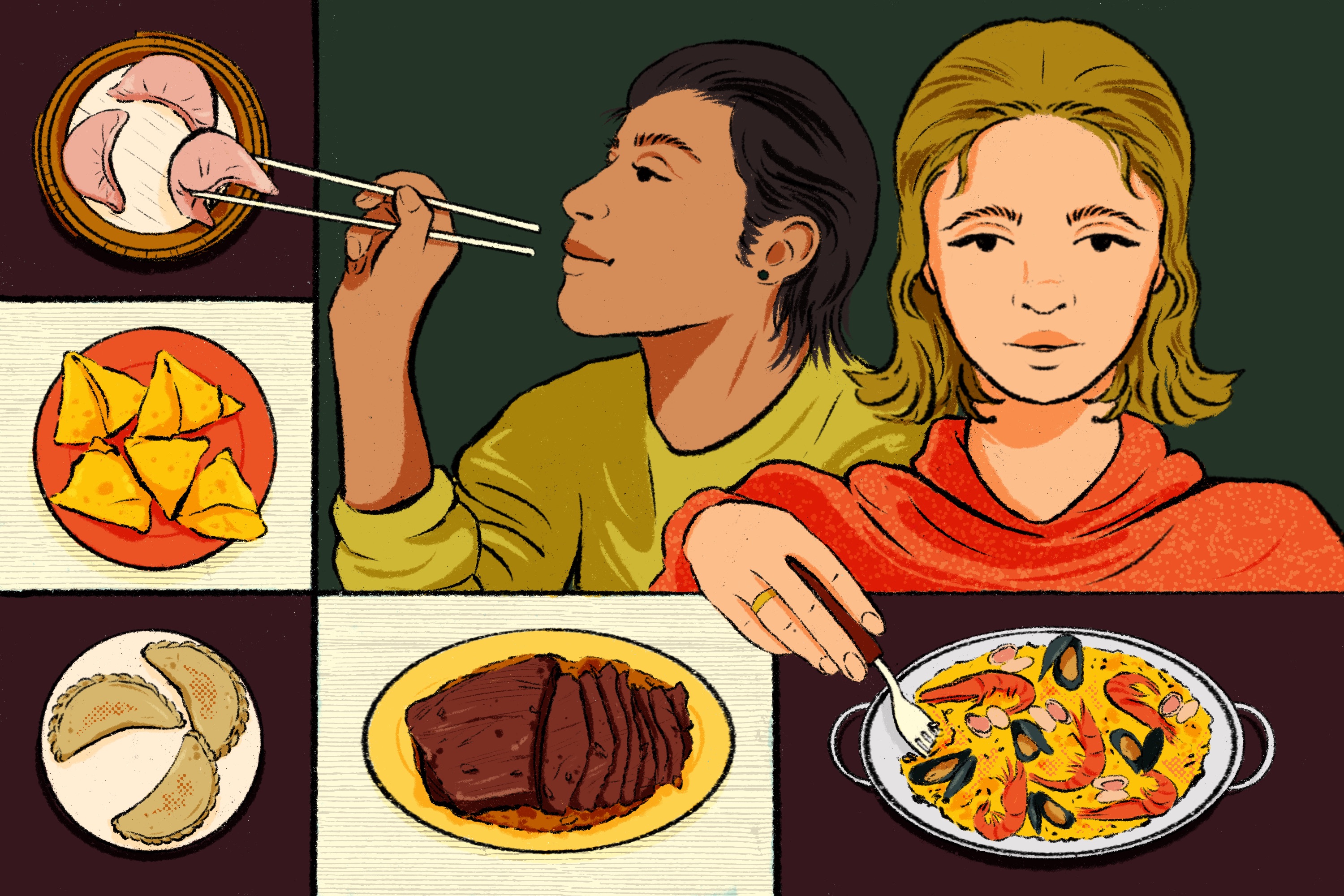 Illustration of two figures; one uses chopsticks to pick up a dumpling, while a woman pokes a fork into a paella.