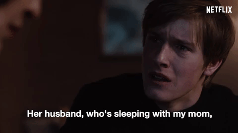 A GIF of Dark’s protagonist Jonas (Louis Hofmann) saying, “Her husband, who’s sleeping with my mom, is looking for his son, who’s my father!”