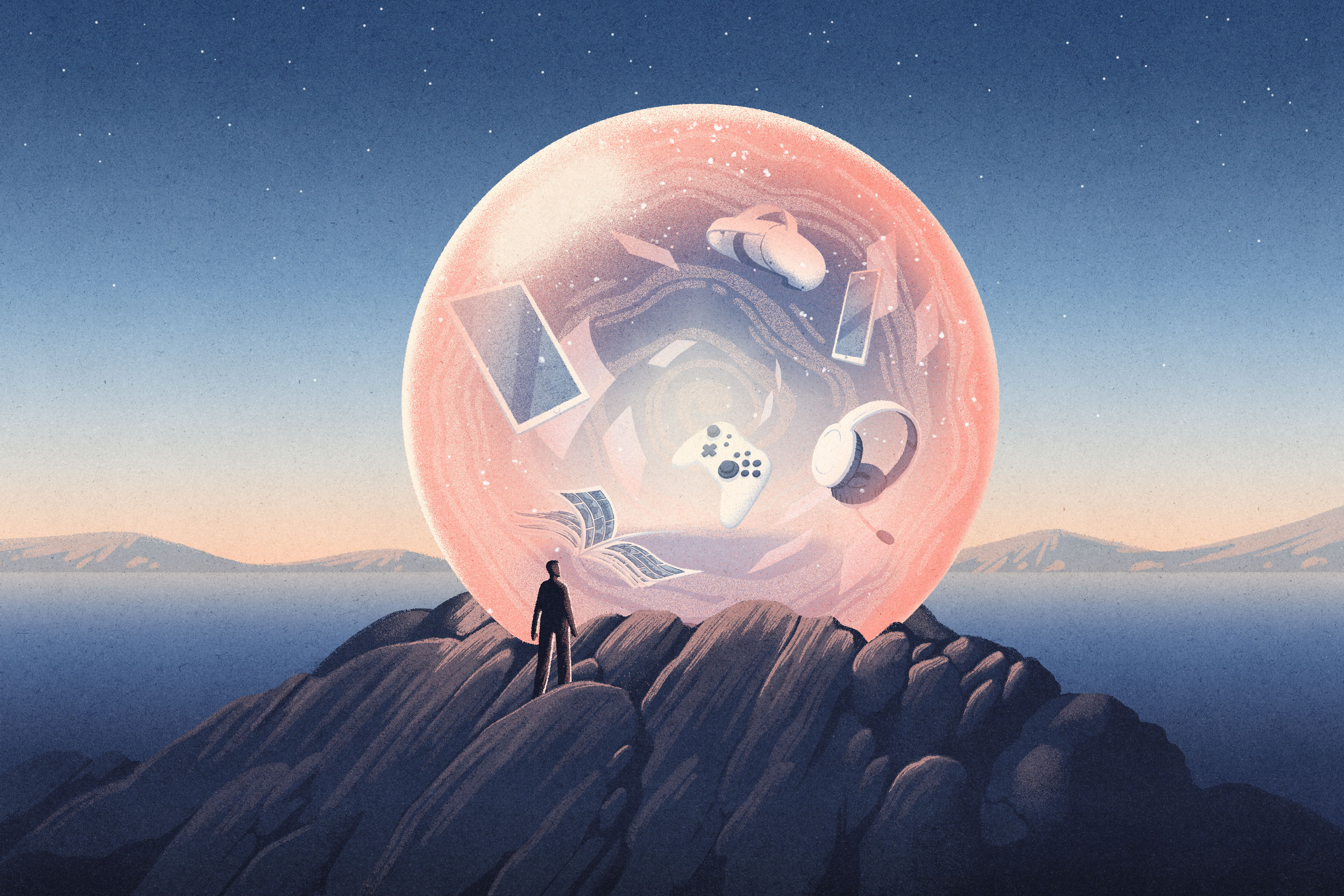 the illustration depicts a large see-through orb sitting on top of a mountain. a human figure is standing in front of it. within the orb are various devices from entertainment and technology, including game controllers, vr headsets and headphones