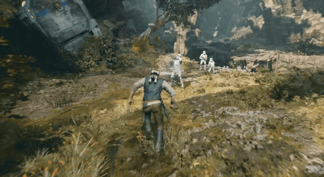 A gif of Cal Kestis in Star Wars Jedi: Fallen Order using the Force to grab a distant Stormtrooper before slashing him with his lightsaber.