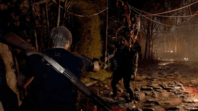 An animated GIF of Leon Kennedy parrying an attack from a Plagas enemy, which swings a tentacle at him and is deflected