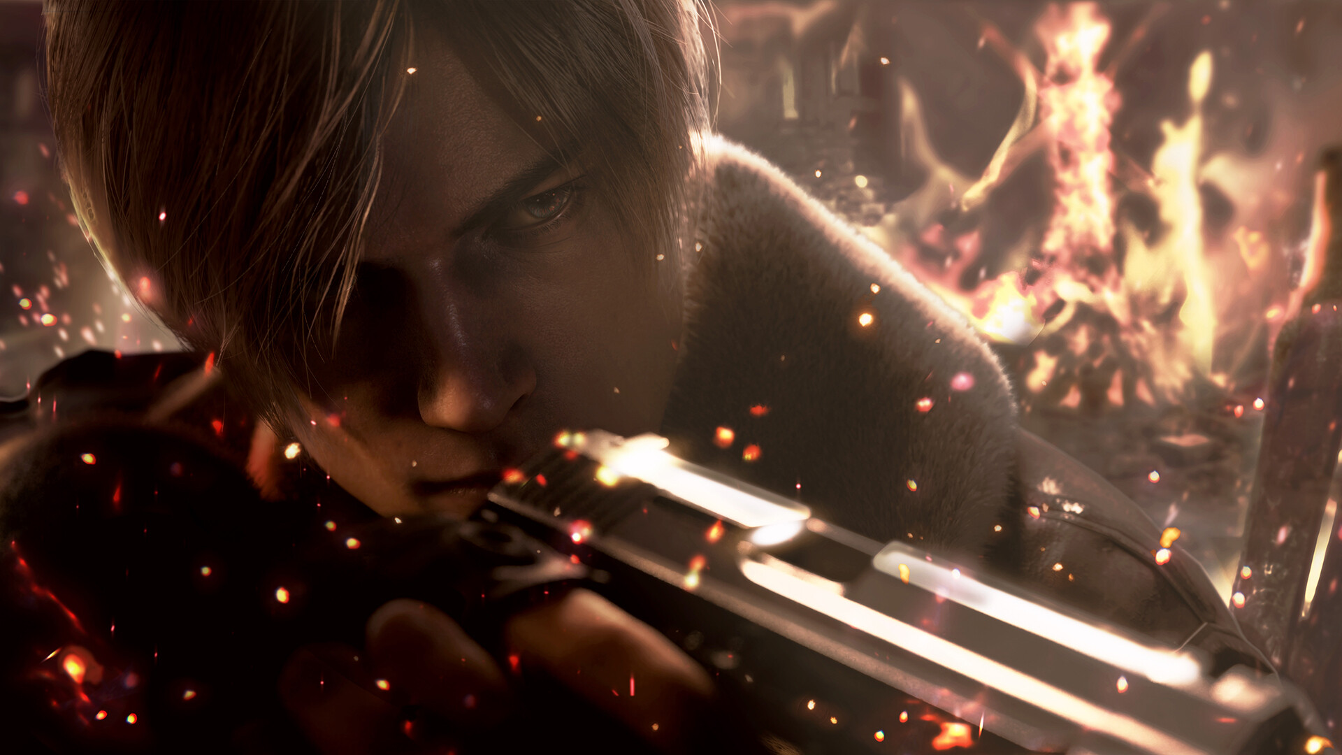 Leon Kennedy aims a pistol while explosions explode behind him in key art for the Resident Evil 4 remake.