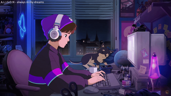 A gif of Synthwave Boy typing at his computer while his dog rests on the windowsill in the background